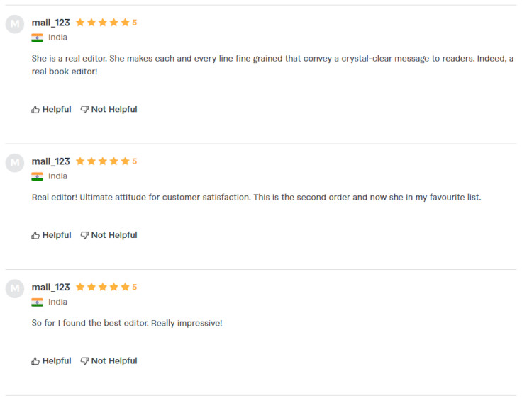 Five-star reviews from India received by Anna Civolani Editing Services